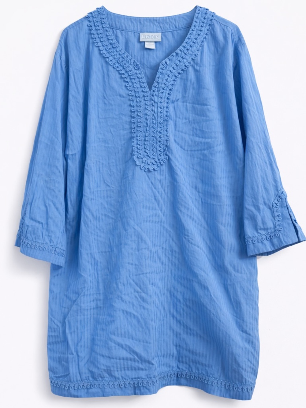 Liz & Me Tunic Top 4X Relaxed Fit Blue Embroidered Boho Lightweight